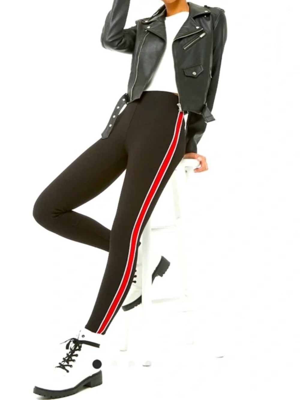 Zara Trafaluc Collection Black Leggings with Red & White Side Stripes Size S